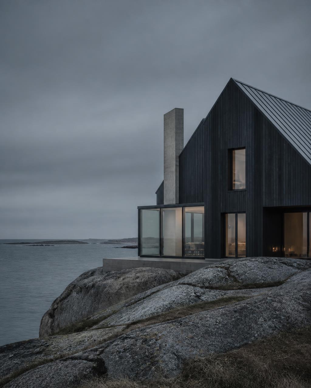 A dark timber coastal residence on granite rock at blue hour