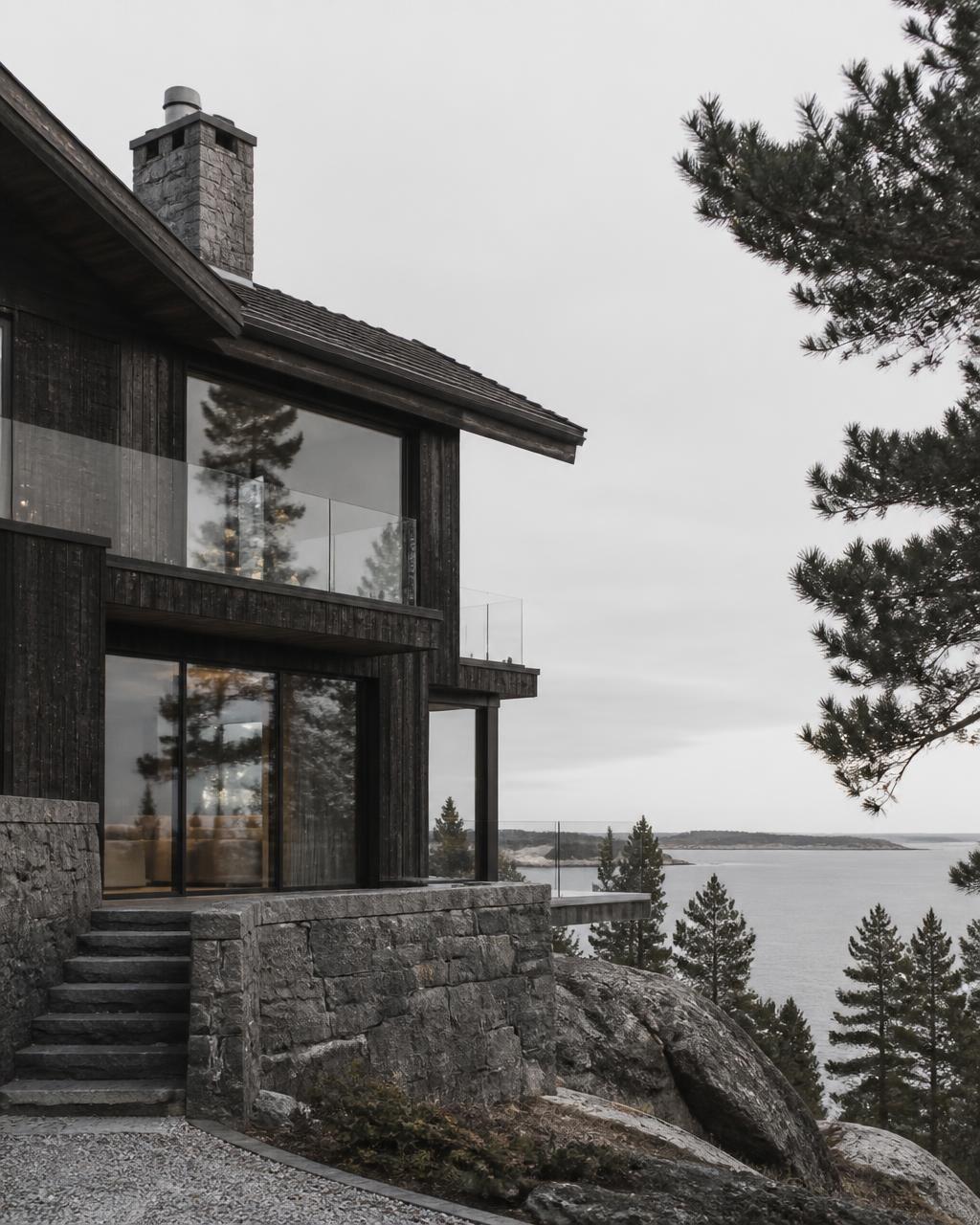 A dark-timber and stone coastal residence above the sea in low winter light